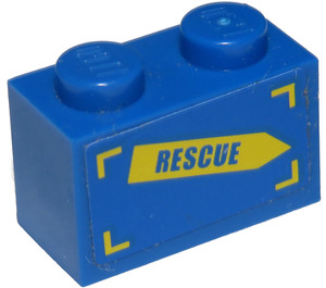 LEGO Blue Brick 1 x 2 with 'RESCUE' on Yellow Arrow (Left) Sticker with Bottom Tube (3004)
