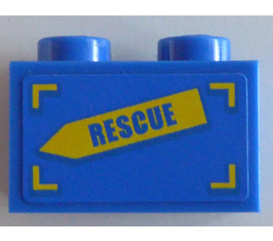 LEGO Blue Brick 1 x 2 with 'RESCUE' on Yellow Arrow (Right) Sticker with Bottom Tube (3004)