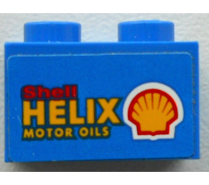 LEGO Blue Brick 1 x 2 with "Shell HELIX MOTOR OILS" Sticker with Bottom Tube (3004)