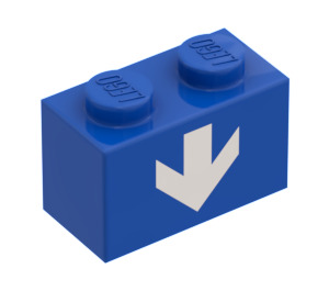 LEGO Blå Klods 1 x 2 med hvid ned Pil med bundrør (3004)