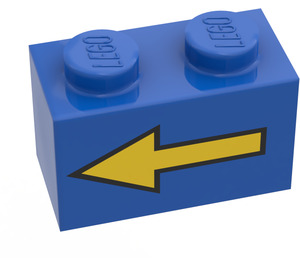 LEGO Blå Kloss 1 x 2 med Gul Vänster Pil och Svart Border med bottenrör (3004)