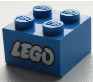 LEGO Blauw Steen 2 x 2 met Lego logo Old Style Wit met Zwart Outline (3003)