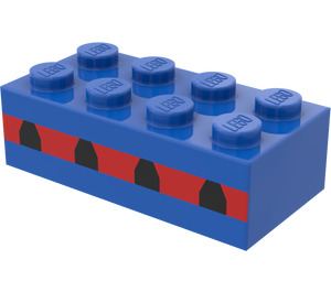 LEGO Blue Brick 2 x 4 with 4 Plane Windows in a Thin Red Stripe (Earlier, without Cross Supports) (3001)