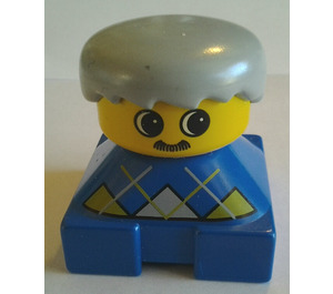 LEGO Blue Duplo 2x2 Base Brick Figure - Argyle pattern, Gray hair, Yellow head with mustache Duplo Figure