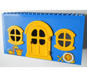 LEGO Blue Fabuland House Block with Yellow Door and Windows with Tyre and Water Tap Sticker