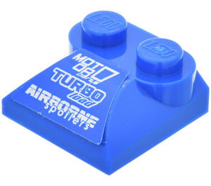 LEGO Blue Slope 2 x 2 Curved with 'MOT OR', 'TURBO load' and 'AIRBORNE spoilers' Sticker with Curved End (47457)