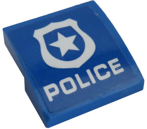 LEGO Blau Steigung 2 x 2 Gebogen mit 'Polizei', Weiß Sheriff-Star Aufkleber (15068)