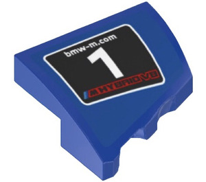 LEGO Blue Slope 2 x 2 x 0.6 Curved Angled Left with ‘bmw-m.com’, ‘1’ and ‘M HYBRID V8’ Sticker (5095)
