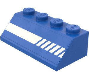 LEGO Blue Slope 2 x 4 (45°) with Diagonal Striped White Lines (Left) Sticker with Rough Surface (3037)
