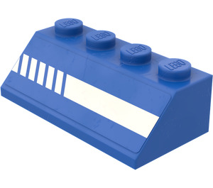 LEGO Blauw Helling 2 x 4 (45°) met Diagonal Striped Wit Lines (Rechtsaf) Sticker met ruw oppervlak (3037)