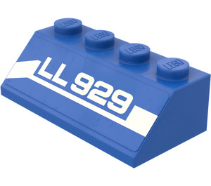 LEGO Blue Slope 2 x 4 (45°) with "LL29" Lettering (Left) Sticker with Rough Surface (3037)