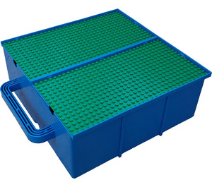 LEGO Blue Storage Bin with Handle and Six Compartments with Green Baseplate Covers