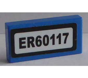 LEGO Blue Tile 1 x 2 with Black "ER60117" pattern on White Sticker with Groove (3069)