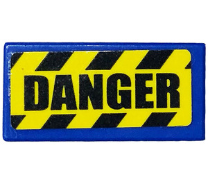 LEGO Blue Tile 1 x 2 with Danger Stripes, 'DANGER' Sticker with Groove (3069)