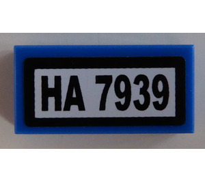 LEGO Blue Tile 1 x 2 with 'HA 7939' Sticker with Groove (3069)