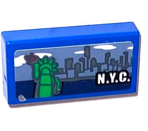 LEGO Blue Tile 1 x 2 with Lady Liberty N. Y. C Sticker with Groove (3069)