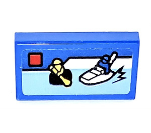 LEGO Blue Tile 1 x 2 with man paddling  Sticker with Groove (3069)