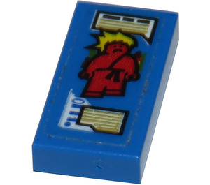 LEGO Blue Tile 1 x 2 with Trainer Card with Red Minifigure with Yellow Spiked Hair and Gold Text Boxes Sticker with Groove (3069)