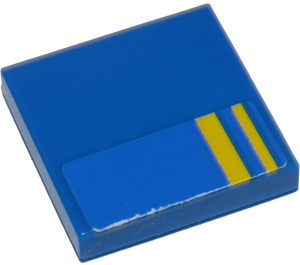 LEGO Blauw Tegel 2 x 2 met 2 Geel Lines Sticker met groef (3068)