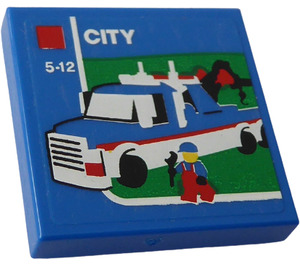 LEGO Blue Tile 2 x 2 with City Tow Truck Set Box Sticker with Groove (3068)