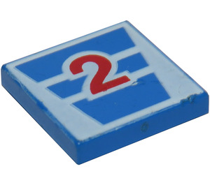 LEGO Blue Tile 2 x 2 with Red "2" with Groove (3068)