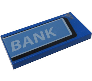 LEGO Blue Tile 2 x 4 with White 'BANK' on Medium Blue Background Sticker (87079)