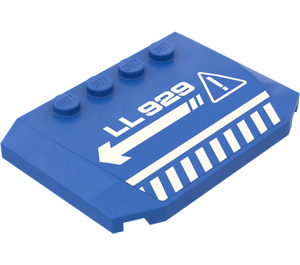LEGO Blue Wedge 4 x 6 Curved with "LL929" Danger Diagonal White Lines and Left Arrow Sticker (52031)
