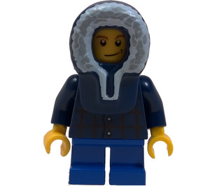 LEGO Boy with Dark Blue Plaid Shirt, Short Blue Legs, and Blue Parka Hood Minifigure
