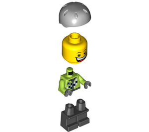 LEGO Boy with Lime Jacket, Short Black legs and Medium Stone Gray Helmet Minifigure