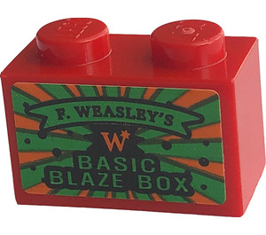 LEGO Brique 1 x 2 avec 'BASIC BLAZE Boîte', 'F. WEASLEY'S' Autocollant avec tube inférieur (3004)