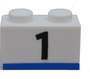 LEGO Backstein 1 x 2 mit Schwarz '1' und Blau Line mit Unterrohr (3004)