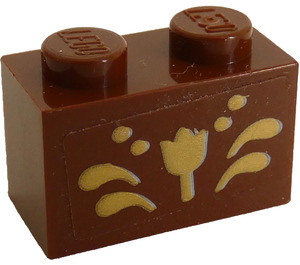 LEGO Brick 1 x 2 with Gold Flower Sticker with Bottom Tube (3004)