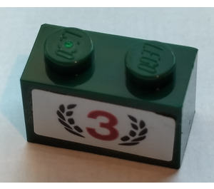 LEGO Brick 1 x 2 with Number 3 and Laurel Wreath Sticker with Bottom Tube (3004)