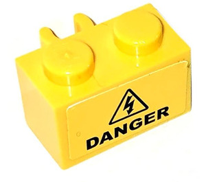 LEGO Brick 1 x 2 with Vertical Clip with 'DANGER' Electricity Sticker with Open 'O' Clip (30237)