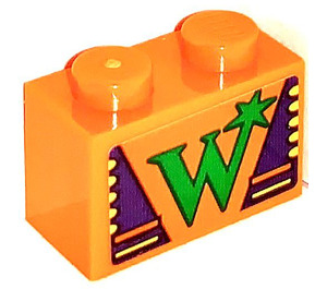 LEGO Backstein 1 x 2 mit 'W'  Aufkleber mit Unterrohr (3004)