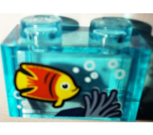 LEGO Brick 1 x 2 with Yellow & Red Fish & Sand Blue Seagrass Sticker without Bottom Tube (3065)