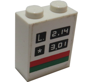 LEGO Stein 1 x 2 x 2 mit 'L. 2.14' und '* 3.01', Grün und Rot Streifen Aufkleber mit Innenachshalter (3245)