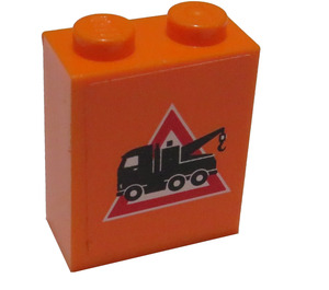 LEGO Brick 1 x 2 x 2 with Tow Truck in Red Triangle (Left) Sticker with Inside Axle Holder (3245)