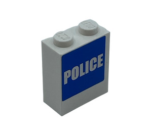 LEGO Brick 1 x 2 x 2 with White 'POLICE' on Blue Background Sticker with Inside Stud Holder