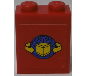 LEGO Steen 1 x 2 x 2 met Geel Doos en Arrows met Blauw Globe Sticker met Stud houder aan de binnenzijde (3245)