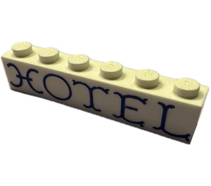 LEGO Brick 1 x 6 with "Hotel" without Bottom Tubes, with Cross Supports
