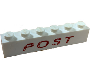 LEGO Brick 1 x 6 with Red 'POST' Thin Slanted without Bottom Tubes, with Cross Supports