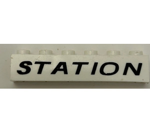 LEGO Brick 1 x 6 with "STATION" (Black, Italic) without Bottom Tubes, with Cross Supports