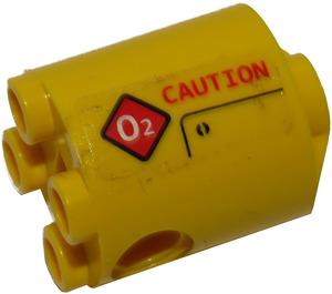 LEGO Brick 2 x 2 x 2 Round with 'CAUTION' and red sign 'O2' on left side Sticker with Bottom Axle Holder 'x' Shape '+' Orientation (30361)