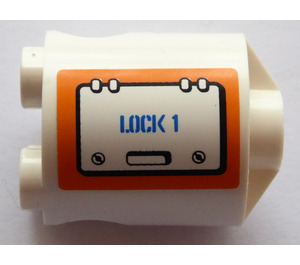 LEGO Brick 2 x 2 x 2 Round with 'LOCK 1' on left side Sticker with Bottom Axle Holder 'x' Shape '+' Orientation (30361)