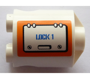 LEGO Stein 2 x 2 x 2 Rund mit 'LOCK 1' auf Links Seite Aufkleber mit unterem Achshalter 'x' Form '+' Ausrichtung (30361)