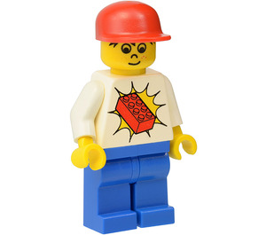 LEGO Brickster mit Weiß Shirt mit rot LEGO Backstein, Blau Beine, Freckles, und Blau Deckel Minifigur