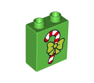 LEGO Bright Green Duplo Brick 1 x 2 x 2 with Candy cane and green bow with Bottom Tube (15847 / 33348)