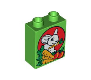 LEGO Bright Green Duplo Brick 1 x 2 x 2 with Rabbit Eating Carrots without Bottom Tube (4066 / 90007)
