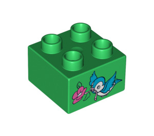 LEGO Bright Green Duplo Brick 2 x 2 with Blue Bird and Pink Flower (3437 / 72207)